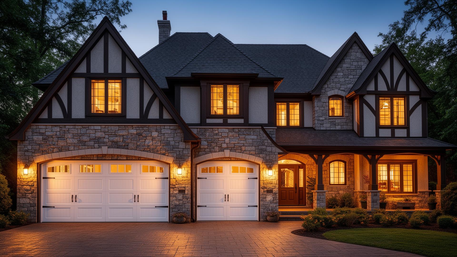 Beautiful Tudor style home with white raised panel garage doors at dusk